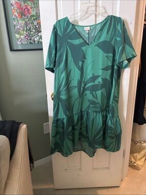 a new day Teal Green Tropical Print V-Neck Shift Dress